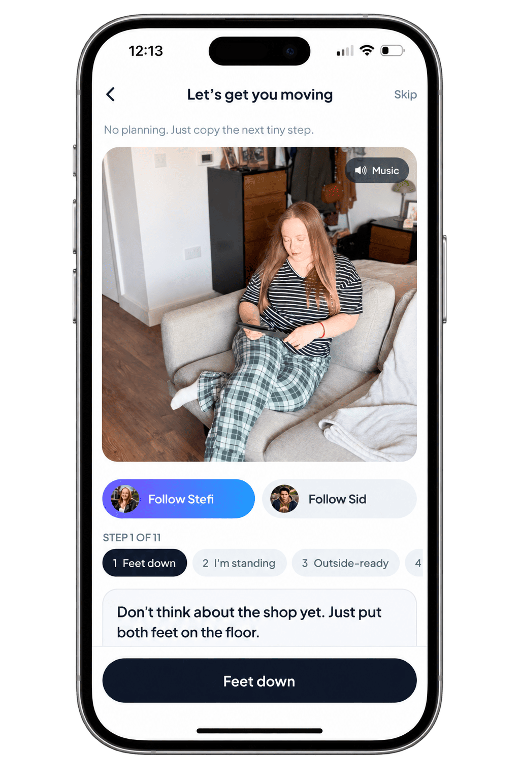 PantryOK on an iPhone showing a guided store run: a person on screen doing the task alongside you, step 1 of 11, with the prompt to put both feet on the floor.