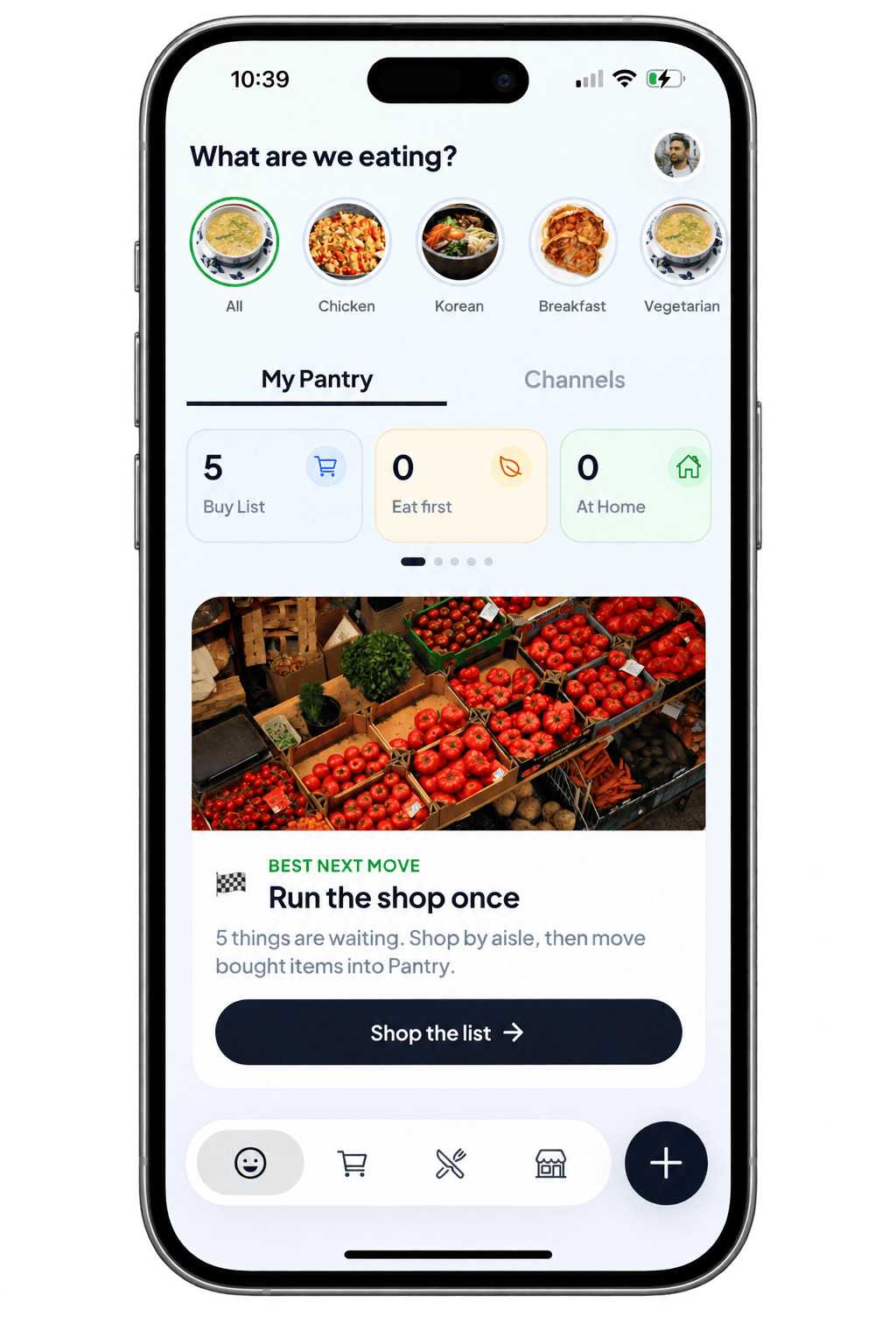 The PantryOK home screen showing counters for Buy List, Eat first and At Home, with a suggested next action to run the shop once.